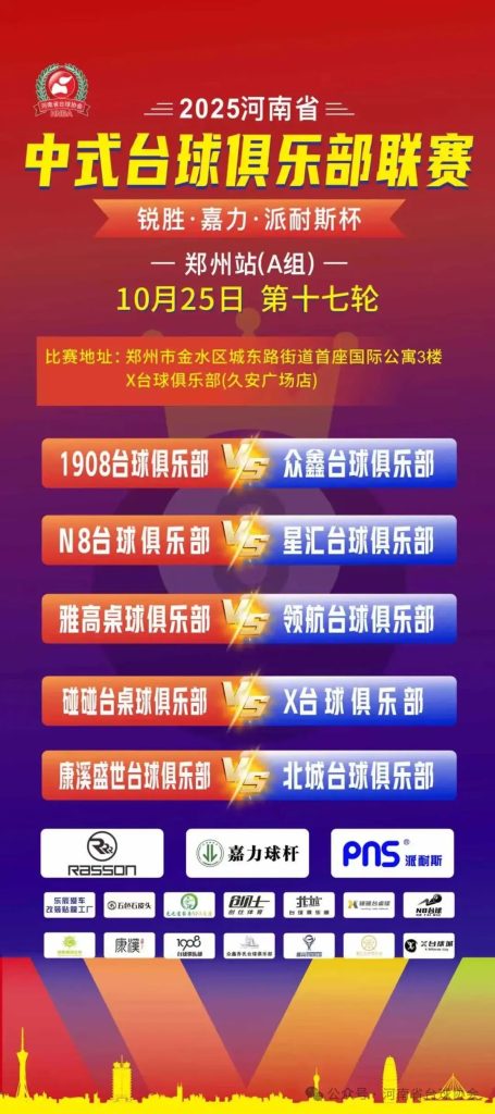 河南省“锐胜/嘉力/派耐斯杯”中式台球俱乐部联赛，10月25日26日各组对战表