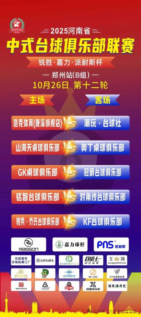 河南省“锐胜/嘉力/派耐斯杯”中式台球俱乐部联赛，10月25日26日各组对战表