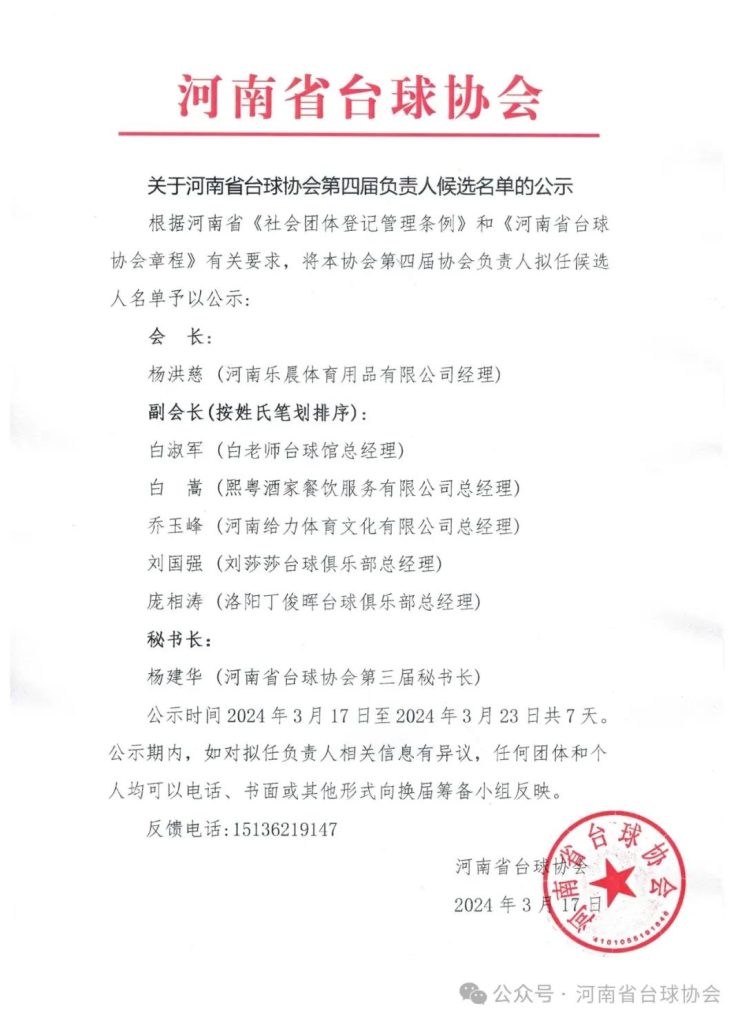 关于河南省台球协会第四届负责人候选名单的公示